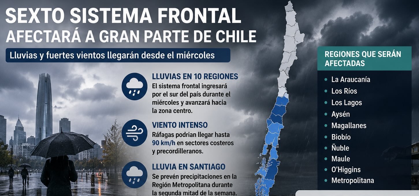 Nuevo sistema frontal amenaza con intensas lluvias y vientos de hasta 90 km/h en gran parte de Chile