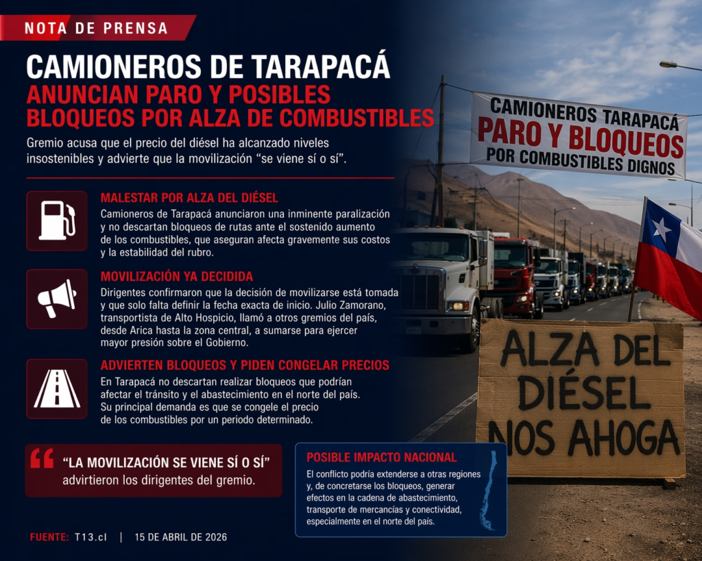 Camioneros de Tarapacá anuncian paro y posibles bloqueos por alza de combustibles